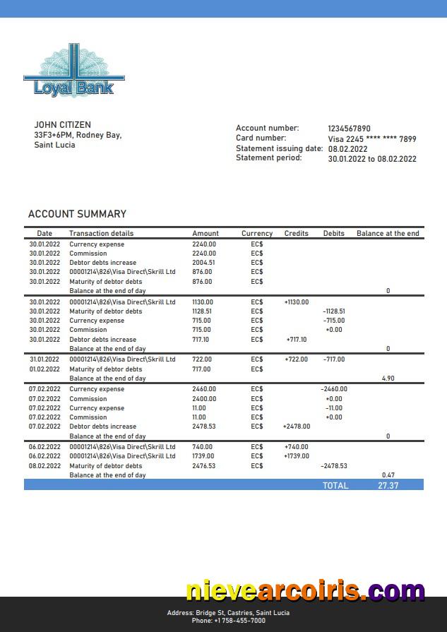 Saint Lucia Loyal Bank statement
